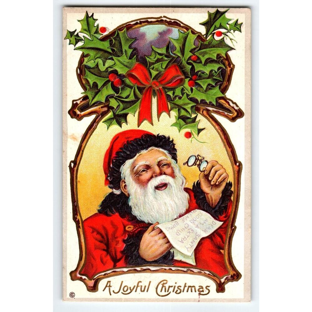 Santa Claus Christmas Postcard Holding Reading Glasses Stecher Series 230 Emboss